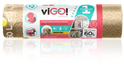 viGO! - Müllbeutel I mit Zugband I 1 Rolle I 60 Liter x 10 Stück I LD Müllsäcke I 3-Schicht-Prägefolie I Zugfest und Reißfest I Dauerhaft I 4 Seasons Gold