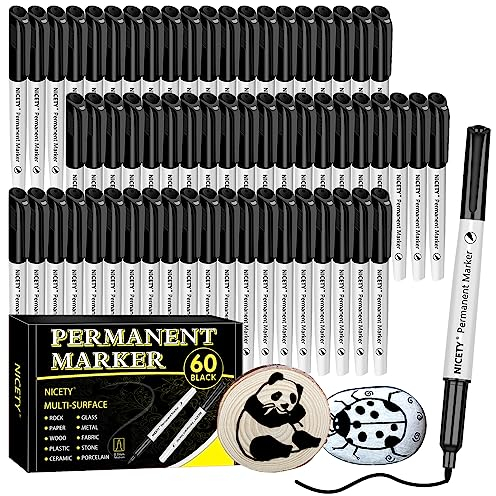NICETY 60 Black Permanent Markers - Fine Point Permanent Marker Pens Set, Black pens For Adults, Works On Rock Paper Ceramic Wood Stone Metal Glass