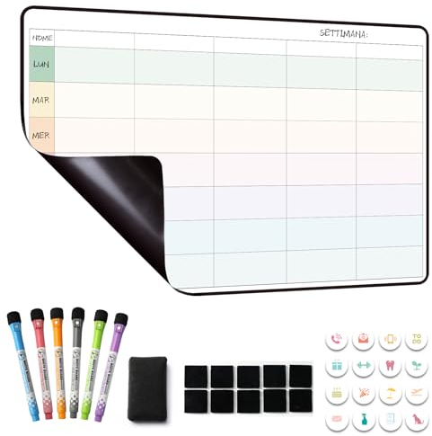 MCCORL Lavagna Settimanale Magnetica Frigo, Calendario Famiglia magnetico, Planner Settimanale,To Do List,Pasti e Agenda,Cancellabile per Cucina 42×28cm -in italiano