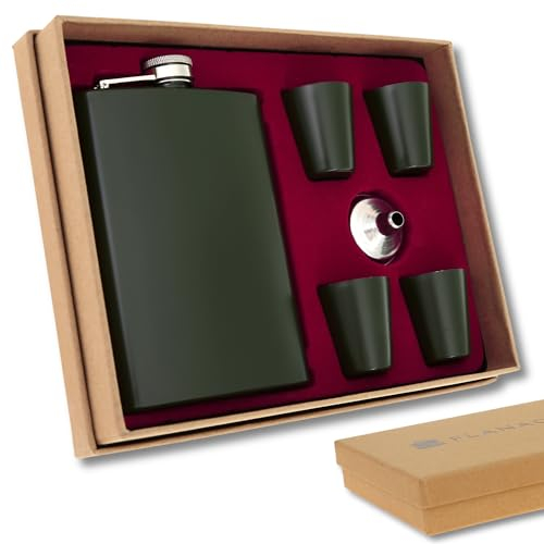Flachmann Geschenkset für Männer • Militär Design Matt-Schwarz o. Matt-Grün • Edelstahl Flachmann Set mit Becher & Trichter • Geschenk für Männer • 9 oz / 265 ml • Wandern Zubehör (Grün)