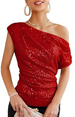 GRACE KARIN Damen Pailletten Oberteil One-Shoulder, Asymmetrisch & Voll Gefüttert, Festliches Party Outfit Rot L