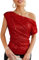 GRACE KARIN Damen Glitter Party Oberteil Elegant Schrägkragen Pailletten Shirt Cocktail Bluse, Farbe: Rot, Größe: L