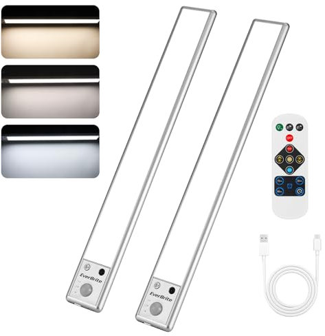 EverBrite Unterbauleuchte 2 Stück mit Bewegungsmelder und Fernbedienung, Unterschrank Beleuchtung mit 2200mAh Akku, 3 Farbtemperatur 3 Modi Unterschrank Beleuchtung für Küche, Schrank, Treppen