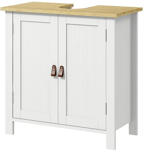 kleankin Meuble sous-Vasque, Meuble sous-Vasque pour Salle de Bains, 2 Portes, étagère réglable, 2 étagères intérieures, poignées PU, 60 x 30 x 60 cm, Blanc