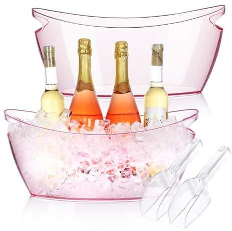 Lot de 2 seaux à glace pour fêtes, champagne en acrylique avec 2 cuillères à glace, seau à boissons pour bar à cocktails, seau long et étroit de 5,5 litres pour fête de Noël (rose)