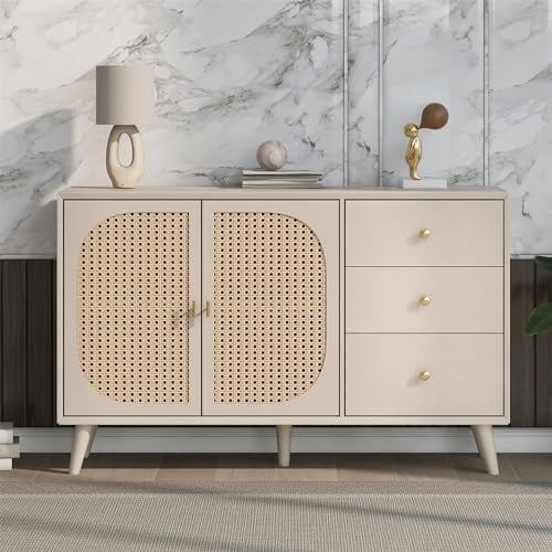 VRYGLEN Beige Rattan Sideboard mit Viel Stauraum, 120 cm Breit, Rattan Kommode für Esszimmer und Wohnzimmer,Sideboard Wohnzimmer mit Schubladen und Türen