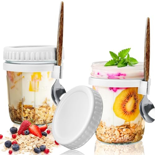 WuGU 2PCS Tarros de Cristal con Tapa y Cuchara, 300 ml Overnight Oats Jar, Porta Yogurt y Cereales Taza de Cereales, Vasos Yogurtera con Tapa para Cereal Leche Fruta