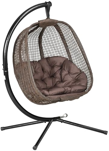 Outsunny Silla Colgante con Efecto Imitación Ratán Sillón Colgante con Soporte de Acero Cesta Plegable Bolsa de Taza y Cojines Carga 120 kg para Interior y Exterior Café