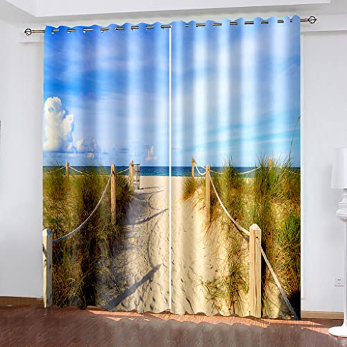 Vorhänge Blickdicht 3D Strandhafer Am Meer Druck Verdunkelungsvorhang, Thermogardine Mit Ösen Für Wohnzimmer Schlafzimmer Kinderzimmer Fensterdekoration Ösenschal 2Er Set 220X218cm (BxH)