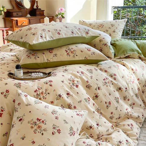 Freyamy Blumen Kissenbezug 40x80cm 2er Set Grün Beige Bunt Blätter Pflanzen Kopfkissenbezug Floral Mädchen Kissenhülle 100% Microfaser Blumenmuster Kissenbezug mit Reißverschluss