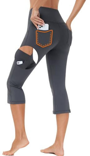 BAYGE Damen Bootcut Yogahose 3/4 V-Crossover Hight Waist Wasserdicht Blickdicht Bauchkontrolle Slim Fit Flared Leggings Sporthose Jeggings Schlaghose Sweathose Arbeitshose mit Taschen, Grau, L