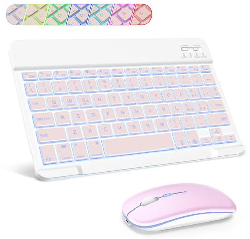 SOPPY Tastiera e Mouse Bluetooth Portatili con Retroilluminazione, Mini Tastiera Ricaricabile, Tastiera Wireless per iPad/Samsung Tab/Lenovo Tab/iOS/Android/Windows, Layout Italiano (Rosa)