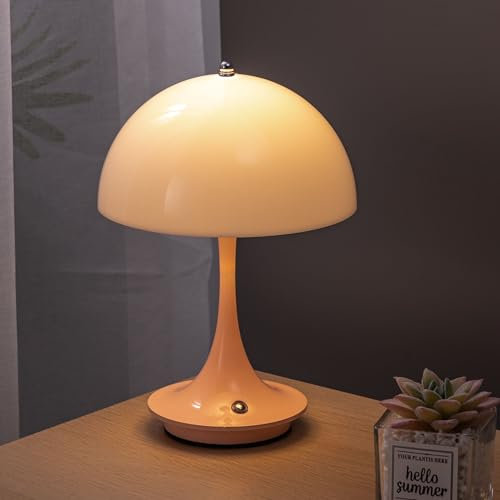 Lampe de Table LED sans Fil Batterie Lampe Champignon Lampe de Table USB Rechargeable avec Touch Variateur 3 Modes de luminosité Lampe décorative Mushroom Abat-Jour Acrylique Lampe de Chevet,Rose