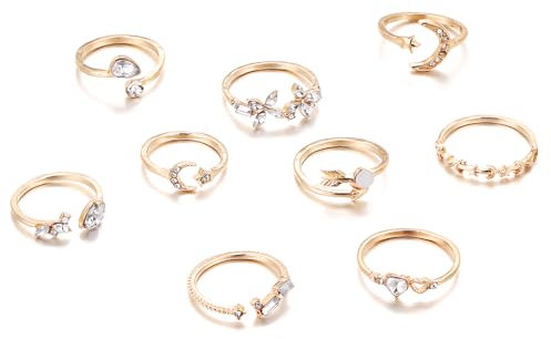 AORHOFJ 9 Stück Herz Schmetterling Stern und Mond Strass Set, Knöchel Ring Set, Damen Mädchen Stacking Ringe Vintage Bohème Ringe, Ring Sets Finger Ringe für Männer und Frauen