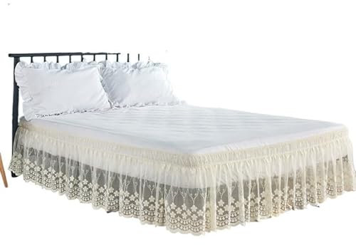 Cache Sommier Jupe de lit en Dentelle à Volants délicats, Joli Design de 18 Pouces, avec Ceintures élastiques Solides, Amour for Femmes/Dames/Filles Cache Sommiers(Color:Beige,Taille:160x200x45cm)