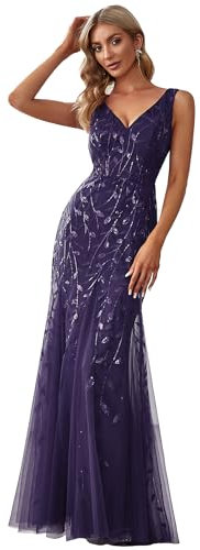 Ever-Pretty Vestito da Cerimonia Donna Sirena Paillettes Tulle Petto Basso Scollo a V Senza Maniche Stile Impero Viola Scuro 48
