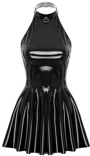 Linjinx Damen Lack Leder Kleid Wetlook Partykleid Neckholder Minikleid Rückenfrei Faltenkleid Kurz Eng Wickelkleid Gogo Clubwear Schwarz 4XL