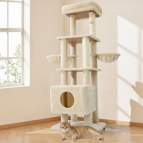 Gardner Pet Arbre à Chat Griffoir XXL Tour d'escalade Extra Solide 6 Niveaux 180cm, Arbres d'activité Stable avec Condo Hamacs Plateformes Poteaux en Sisal pour Petit Gros Chats Support 30kg - Beige
