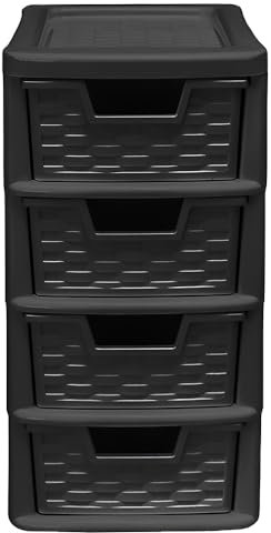 Storage Drawer Tower x 4 Plastic Compartment Tower Rattan Reusable for Homes, Kitchen, Schools, Offices Plastic Drawer and Children's Toys Storage Solution (Black) - Approx Size 19.5 x 38.5 x 26cm