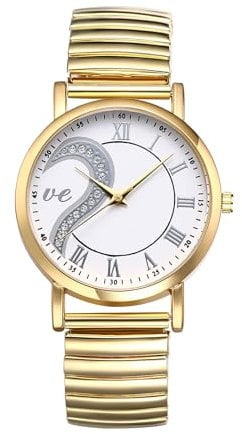 JewelryWe Damenuhr Herz Elastische Uhren: Strass Semi Herz Buchstaben Love Analog Quarz Armbanduhr Damen Gold Edelstahl Stretch Armband Uhr mit Zugarmband & Weiß Römischen Ziffern Zifferblatt