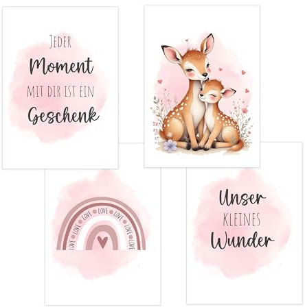 4er Set Baby DIN A4 Bilder mit Reh, Regenbogen und Sprüchen, Poster mit Tiermotiv für Babyzimmer, 200g/m² Papier, Kinderzimmer Wanddeko, für Bilderrahmen, Dekoration für Jungen & Mädchen, Rosa