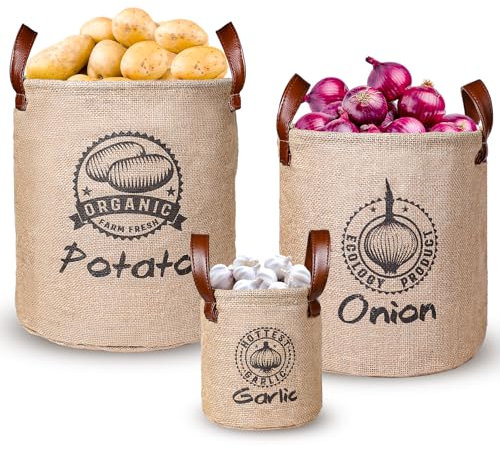 Kamehame Kartoffel Zwiebel Knoblauch Aufbewahrung 3 Stück Aufbewahrungbox, Geöffnet Kartoffel Und Zwiebelbehälter Mit Tragegriff, Gemüsebeutel Aus Leinen-Stoff