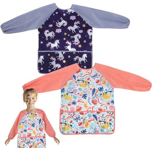 FEMONGY 2 Stück malerkittel Wasserdicht schürze, lätzchen mit ärmeln und 3 Taschen Malerkittel malkittel schule 1. klasse, malschürze für Alter 2–8 Jahre (Einhorn)