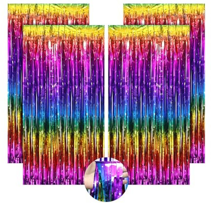 4 Stück Lametta Vorhang Bunt, Glitzer Vorhänge Karneval Party Deko, 1 x 2 m Gradient Lametta Vorhang für Fasching Dekoration Hochzeit Geburtstagsdeko (Bunte Sterne)