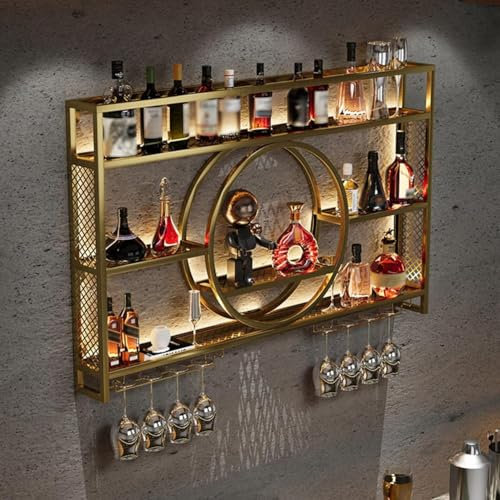 Wandmontiertes Glas und Weinflaschenregal mit unterem Regal Getränkeregal stilvolle Küchenbar Nizer (100 x 15 x 80 cm Gold)