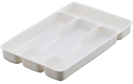 Cutlery Drawer Organiser, Cutlery Storage Box for Kitchen Drawer and Countertop, Plastic Cutlerys Drawers Organiser for Spoons Forks Knives Holder Storage Insert, 4 Compartments (White)