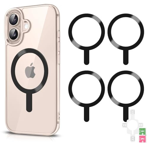 4 Pcs Universal Metal Rings Sticker NO Magnet for MagSafe Magnetic Wireless Charger for iPhone 15 14 13 12 Pro Mini Max/Samsung Galaxy, 2 Styles Ultra Thin Notched and Round Ring Car Charger Kit