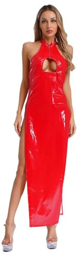 Fldy Damen Wetlook Kleid Lang Aus Kunstleder Neckholder Lack Lederkleid Cutout Maxikleid Mit Schlitz Rot S