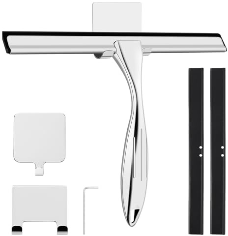 wlich Shower Squeegee, 10 Inch Stainless Steel Window Squeegee with Hook | Silicone Blade, Window Squeegee Cleaner for Shower Glass Door, Shower Wiper Screen for Bathroom, Window,Mirror and Car Glass