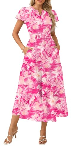 GRACE KARIN Women Summer Maxi Floral Dress Short Sleeve V Neck Wedding Dress Elegant Sundress Rose Pink L