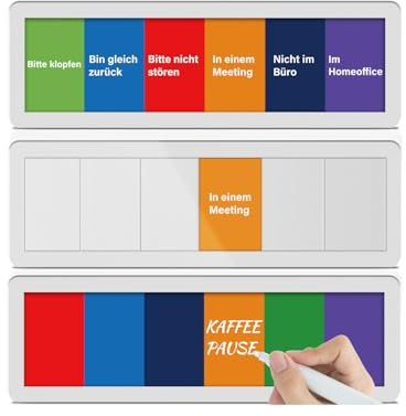 Türschild Büro, Schiebeschild Bitte nicht stören, Bitte klopfen, In einem Meeting, Bin gleich zurück, Nicht im Büro, Homeoffice – 6 Optionen, Acryl-Büroschild, selbstklebend, inkl. Blankosticker