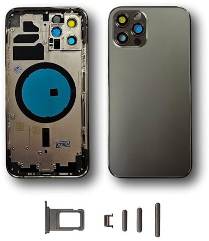 DHLK® Glass Rear Housing Frame compatibile with iPhone 12 Pro NO LOGO, NO PRE-INSTALLED COMPONENTS/Rear Shell, battery sitcker,frame, side buttons (black)