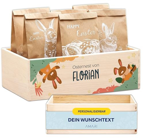 AMARI ® Personalisierte Osterkiste mit Name – Holzkiste ohne Deckel für Kinder – Individuelles Osternest – Osterkorb personalisierbar – Geschenk zu Ostern (021.01.01 - Osterhase)