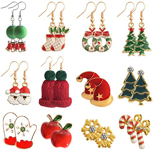 TUPARKA 12 Paar Weihnachten Ohrstecker Weihnachtsgeschenke für Frauen Mädchen, Schneeflocke, Weihnachtsbaum, roter Apfel, Handschuhe, Weihnachtsmann, Weihnachts Ohrstecker Schmuckset Weihnacht