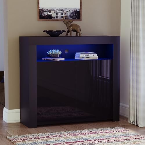 Vida Designs Nova 2 Door Modern LED Sideboard in Black, RGB Lights (Fade/Strobe Options Included), High Gloss