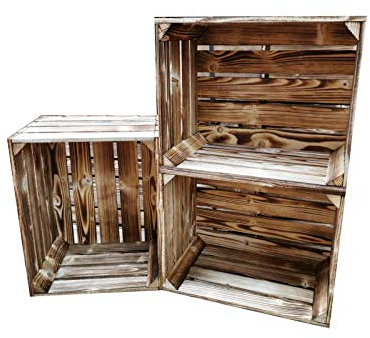 Teramico geflammte/braune Apfelkisten 50cm x 40cm x 30cm Set Angebote Holzkisten Weinkisten Obstkiste Kiste Box (Holzkiste NEU, 3)