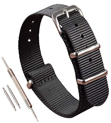MZBUTIQ 19mm Schwarz Uhrenarmband Ballistisches Nylon Strap Herren Polished Schnalle