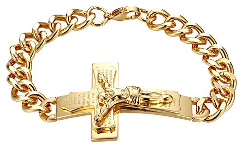 OIDEA Herren Armband Kreuz Gold: Jesus Armkette aus Edelstahl Panzerkette Kruzifix Englische Bibel Armreif Handgelenk Religiöses Schmuck Geschenk für Männer Jungen