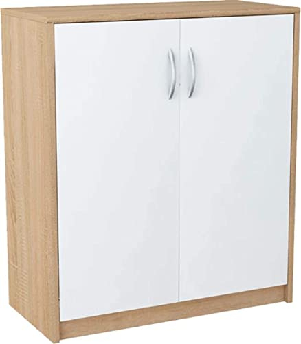 MATKAM Kommode 2-türig H B T 85 x 74 x 35 cm EIN Innenregal aus Holzwerkstoff Griffe in satinierter Metall-Optik Scharniere aus Metall (Korpus Sonoma Eiche – Front in weiß)