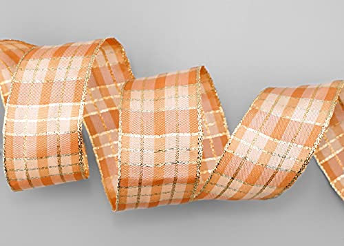 finemark 20 m x 40 mm Karo Weihnachtsband APRICOT Gold (106) mit Lurex Drahtkantenband Dekoband Geschenkband Schottenkaro Glanzband Goldkante Draht Schleifenband Winter Christmas Check
