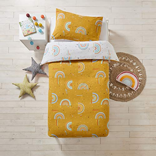 furn. Rainbow Tribe Duvet Cover Set – Reversible Geometric Rainbow Easy Care Childrens Bedding (Mustard – Double – 200x200cm)