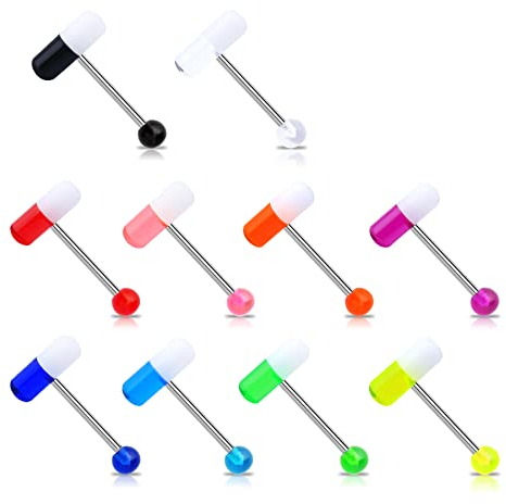 Melighting 14G Pill Tongue Bars Set 10pcs Tongue Rings Surgical Steel 316L Tongue Piercing Jewellery Tongue Barbells Plastic Tongue Piercing Bars