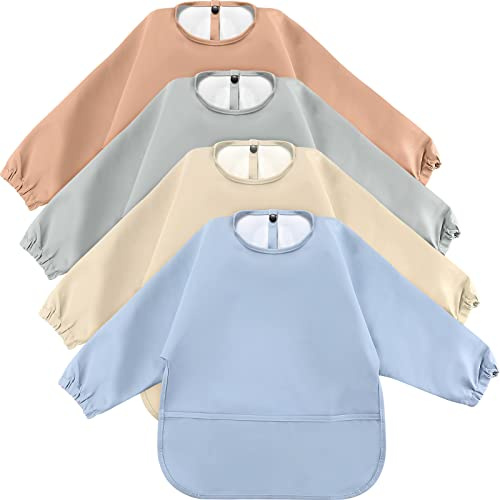JaGely 4 Pack Long Sleeve Baby Bibs Waterproof Smock Bid with Elastic Cuffs Large Pocket for Baby Eating Feeding 6-36 Months(Soft Color)