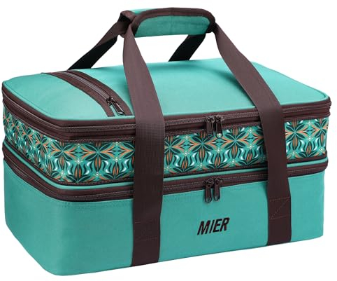 MIER Insulated Double Casserole Carrier Bag Thermal Lunch Tote for Lasagna Lugger, Potluck Parties, Picnic, Beach, Fits 9 x 13 Inches Baking Dish, Casserole Dish, Expandable by Mid Zipper, Teal