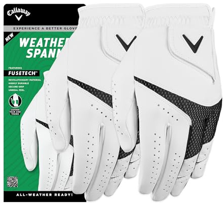 Callaway Golf Weather Spann Glove (Worn on Left Hand,White,Medium,Cadet (Short Fingers) (2-Pack))