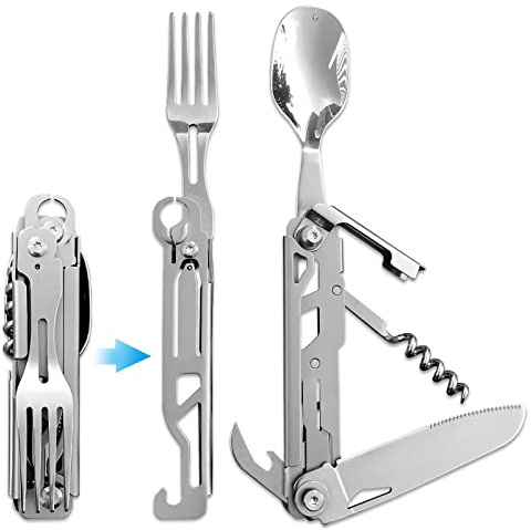 Joycube 6 in 1 Detachable Camping Utensils Flatware Set, Multifunction Travel Pocket Cutlery Folding Spoon, Fork, Knife, Wine Bottle Can Opener Portable Combo Set Stainless Steel